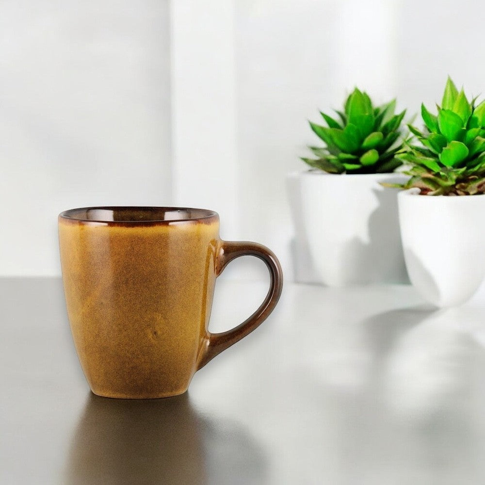 aelgmark Nordic stoneware mug in amber, 380ml, with unique reactive glaze and elegant design. Perfect for coffee or tea.