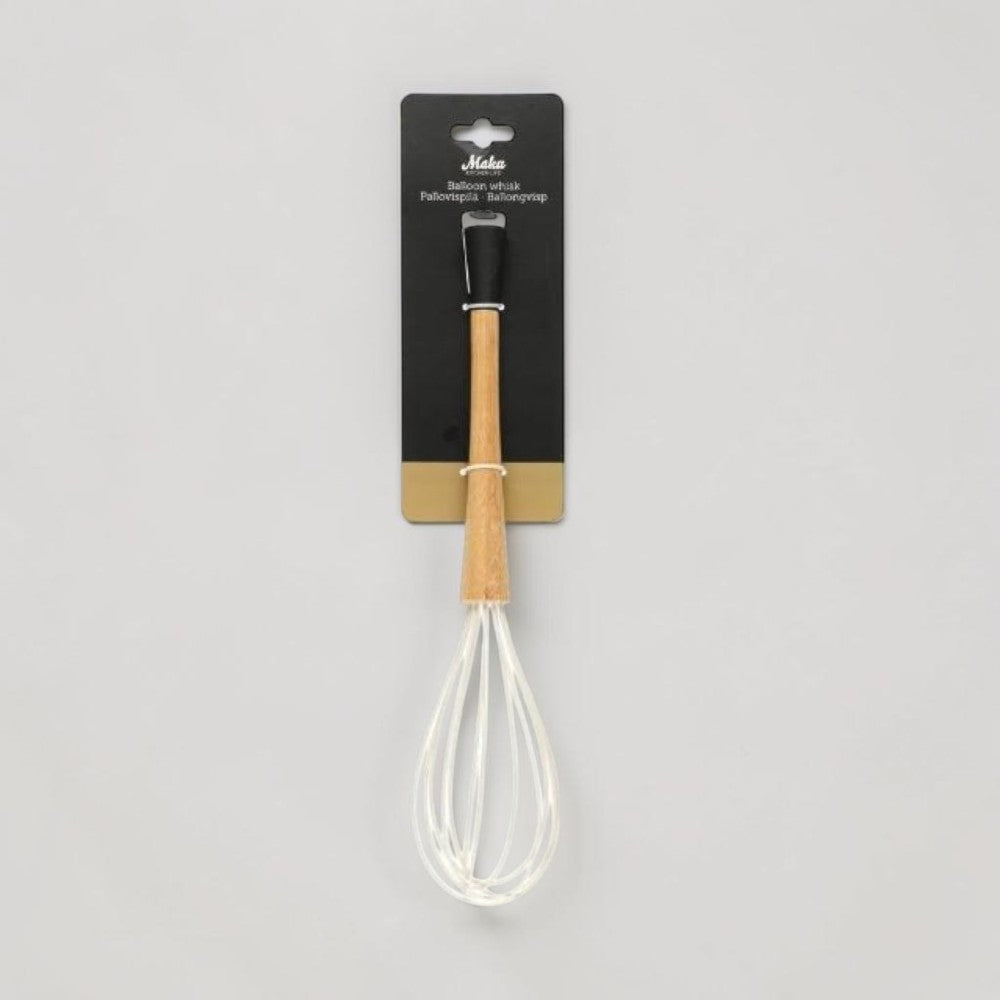 aelgmark balloon whisk with silicone wires and bamboo handle, heat resistant up to 220 degrees.