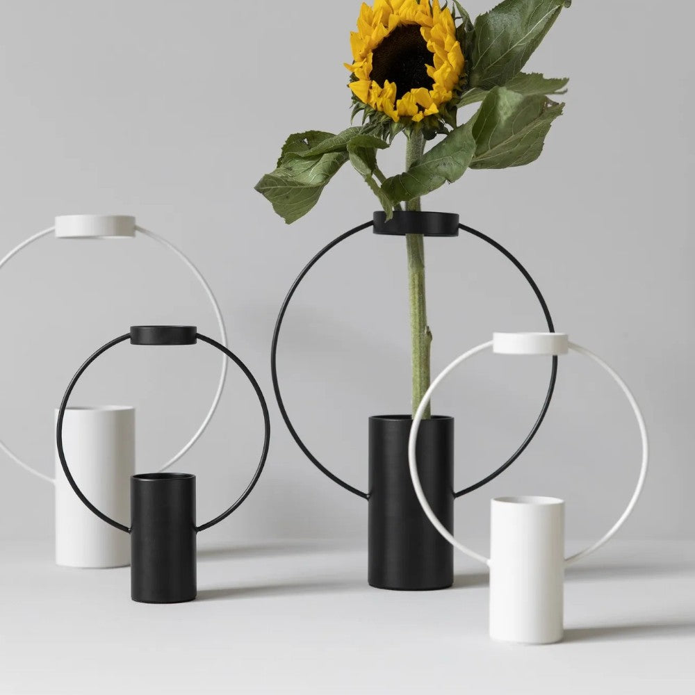 aelgmark modern black metal geometric vase with circular handle, 2 sizes available.