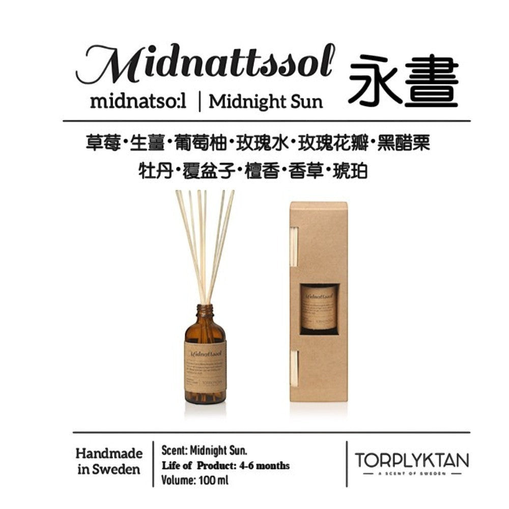 aelgmark Midnight Sun reed diffuser with amber glass bottle and natural reeds, 100ml. Scent notes include strawberry, ginger, grapefruit, rose, blackcurrant, peony, raspberry, sandalwood, vanilla, and amber.
