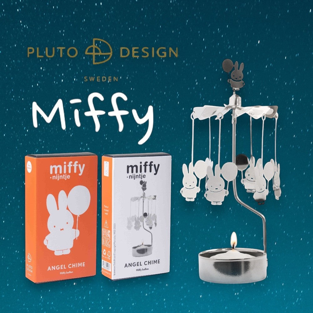 aelgmark Miffy angel chime candle holder with spinning Miffy figures and balloons, silver metal.