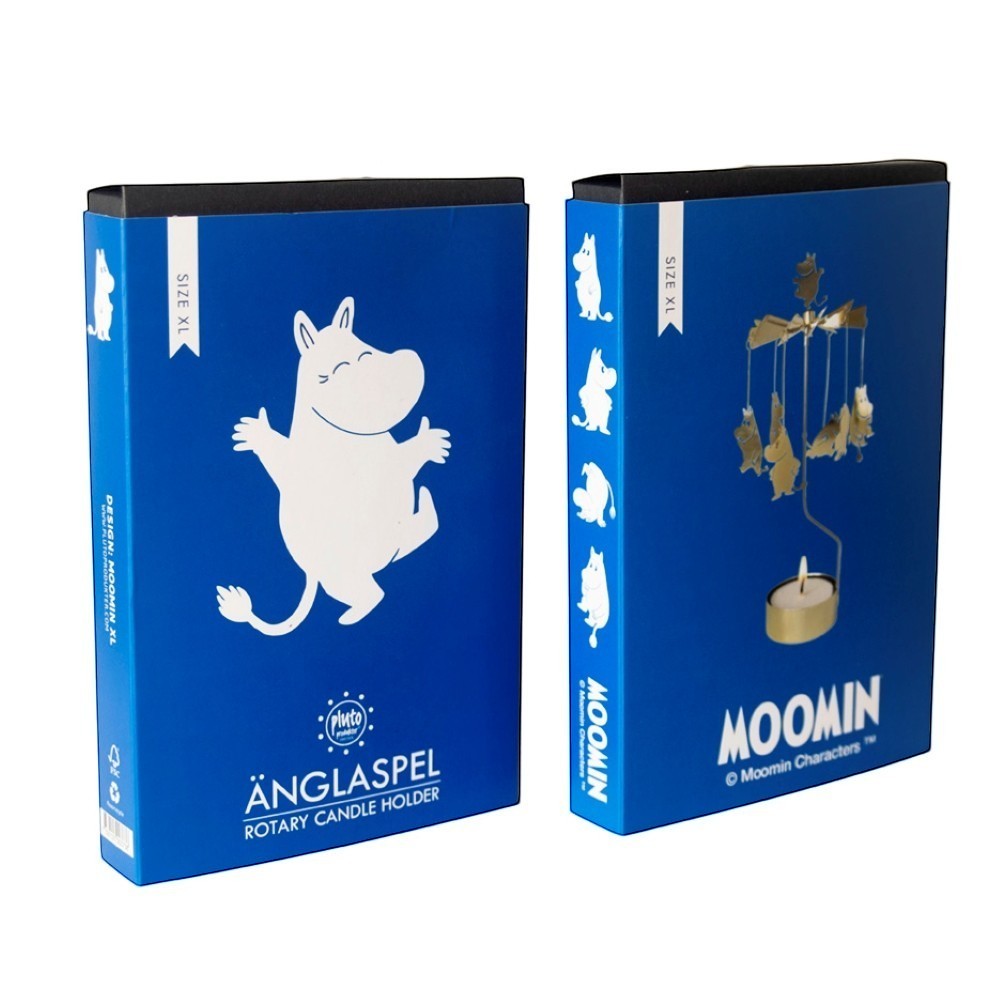 aelgmark Moomin rotary candle holder with gold-tone figures and a tea light candle. Features Moomin character design.