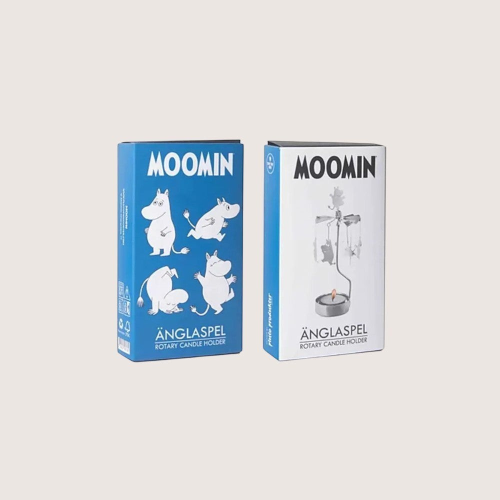 aelgmark Moomin silver rotary candle holder with spinning charms and included candle. Fun, decorative piece.