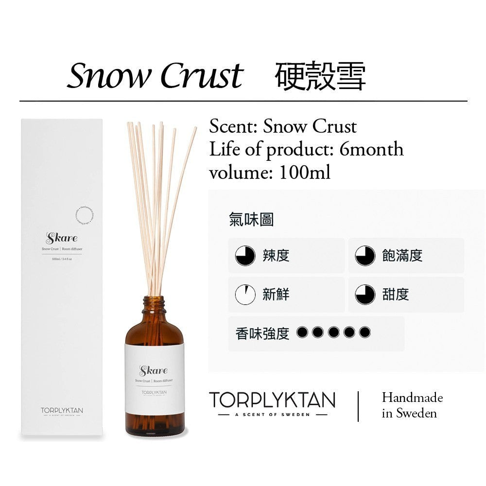 aelgmark Snow Crust room diffuser with cinnamon, mint, and bergamot scent. 100ml amber glass bottle with reeds.
