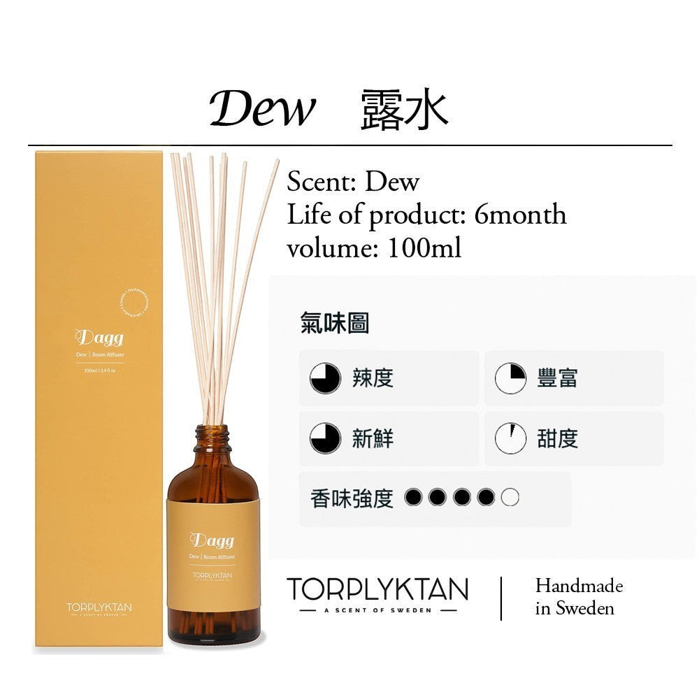 aelgmark Torplyktan Dew room diffuser with pine needle, grapefruit, and lemon scent. 100ml bottle with reeds.
