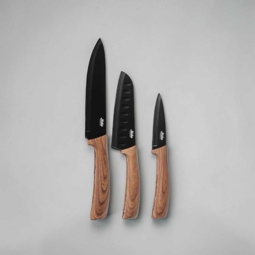 aelgmark kitchen knives: 3-piece set with black stainless steel blades and wood-grain TPR non-slip handles. Includes chef's knife, santoku knife, and paring knife.
