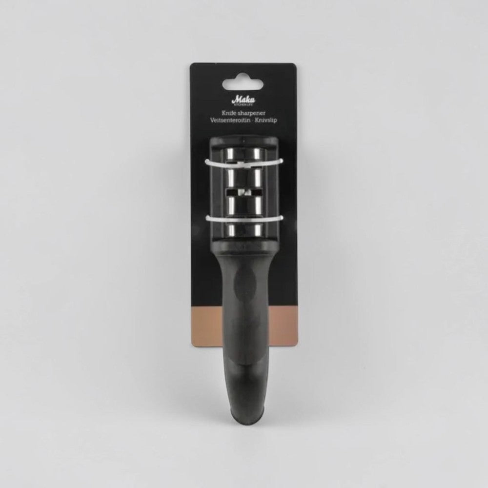 aelgmark black 3-stage knife sharpener with ergonomic handle and non-slip base for kitchen use.