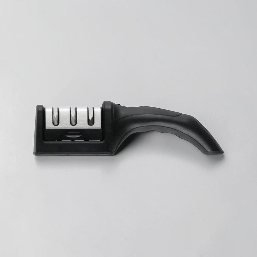 aelgmark black 3-stage knife sharpener with ergonomic handle and non-slip base for kitchen use.
