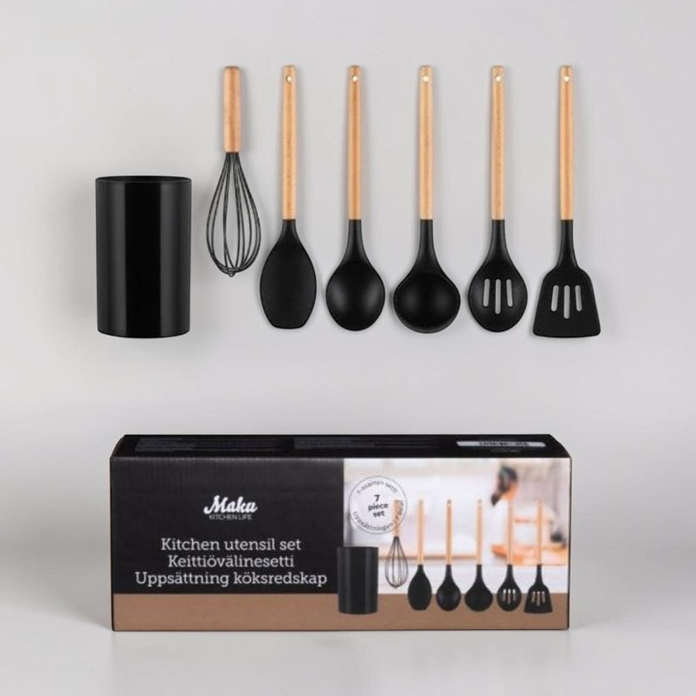 aelgmark 7-piece black silicone kitchen utensil set with wooden handles, includes whisk, spoons, and spatulas.