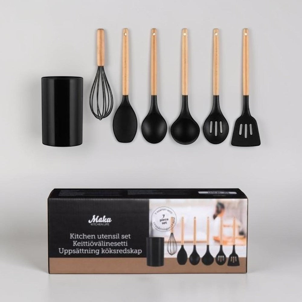 aelgmark 7-piece black silicone kitchen utensil set with wooden handles, includes whisk, spoons, and spatulas.