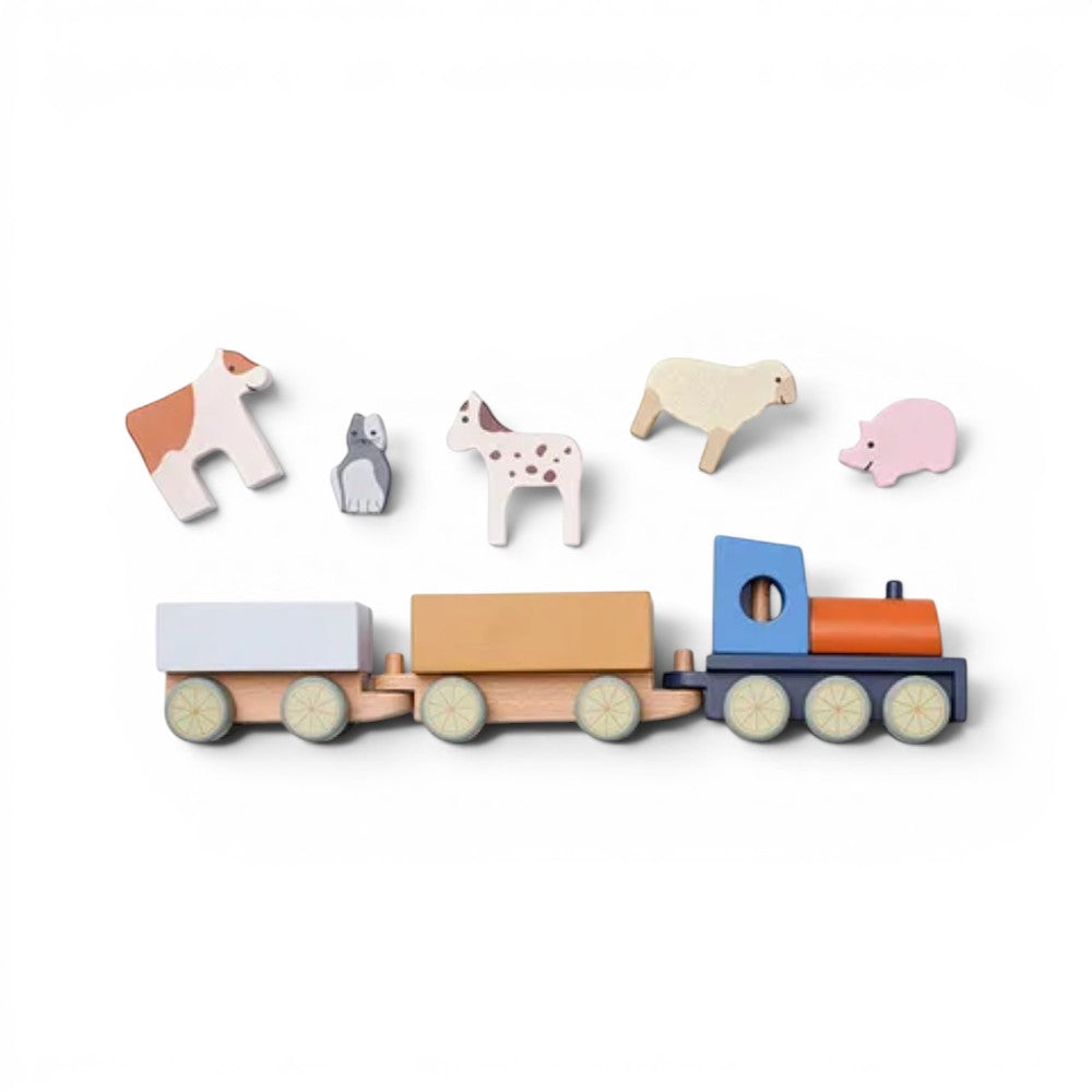 aelgmark 北歐生活選物 Kid’s Concept 木製農場動物小火車，包含五隻可愛動物積木與兩節貨車，適合幼兒啟發創意。