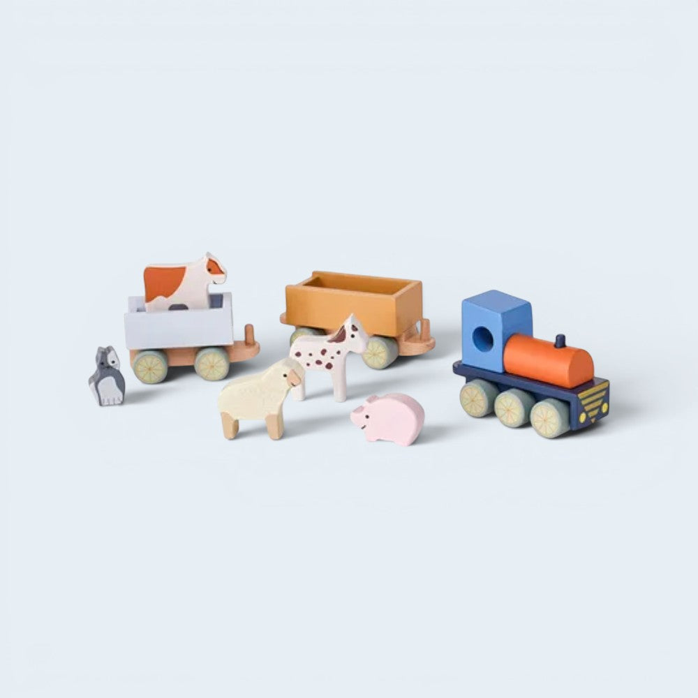 aelgmark 北歐生活選物 Kid’s Concept 木製農場動物小火車，包含五隻可愛動物與兩節貨車，適合幼兒互動遊戲。