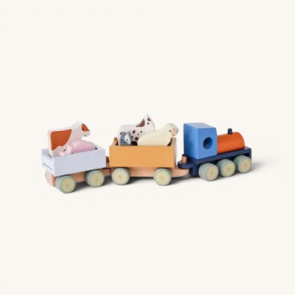 aelgmark 北歐生活選物 Kid’s Concept 木製農場動物小火車，包含五隻可愛動物積木與兩節貨車，適合幼兒互動遊戲。