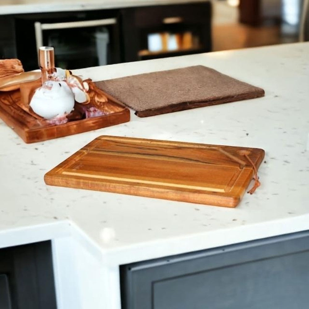 aelgmark acacia wood cutting board with juice groove and leather tie, 30x20cm