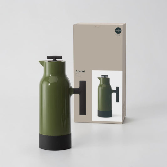 aelgmark Accent olive green stainless steel thermal carafe with black handle and base. Award-winning design for hot or cold drinks.