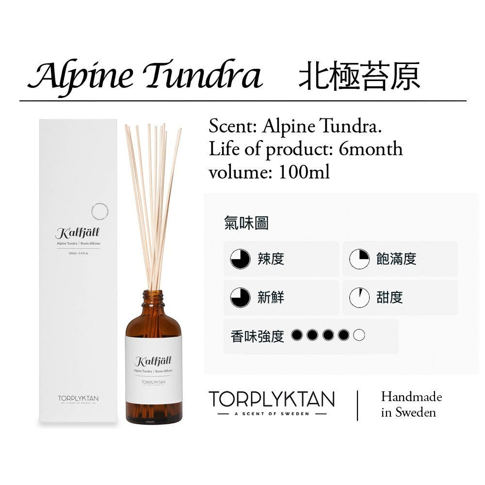 aelgmark Alpine Tundra room diffuser with juniper and rosemary scent, 100ml amber glass bottle with reeds. Handmade in Sweden.