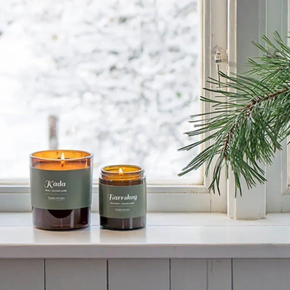aelgmark Northern Woods Amber scented candle in amber glass jar with green label, lit flame, winter window background.