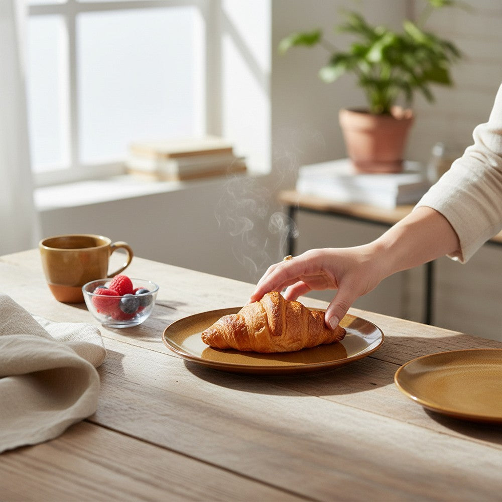 aelgmark amber stoneware 20cm plate with unique reactive glaze, perfect for breakfast or dessert.