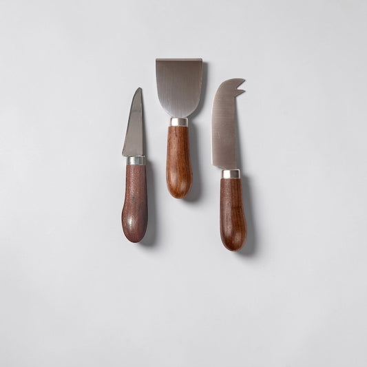 aelgmark Astrid cheese knives set with stainless steel blades and chocolate brown wood handles. Includes spreader, fork, and curved knife.