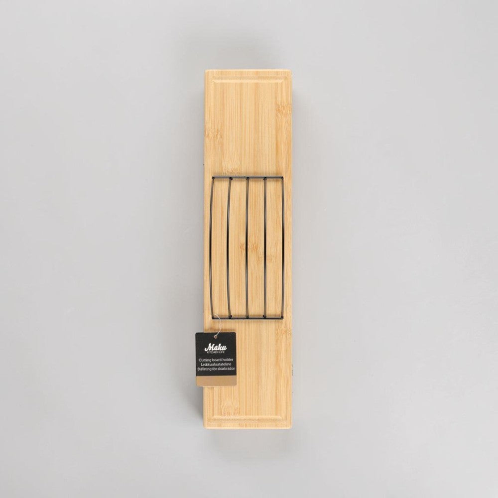 aelgmark cutting board holder in bamboo and black metal, Nordic design, stores up to four boards.