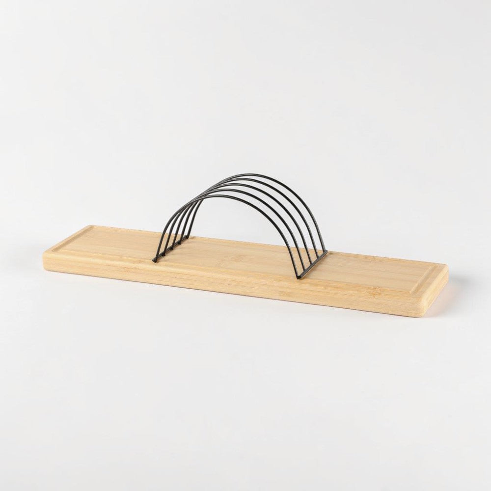 aelgmark bamboo and black metal cutting board rack, holds 4 boards, Nordic design