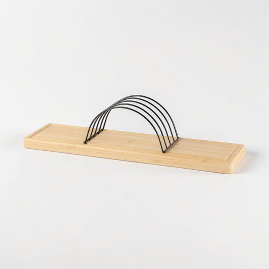 aelgmark bamboo and black metal cutting board rack, holds 4 boards, Nordic design