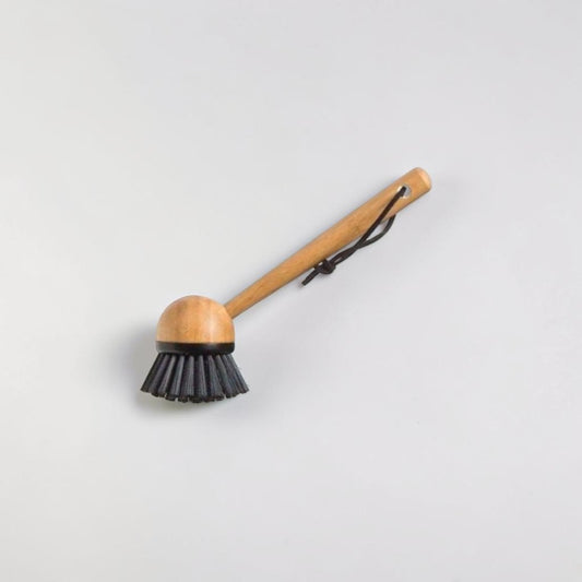 Aelgmark bamboo dish brush with black bristles and hanging loop for easy drying.