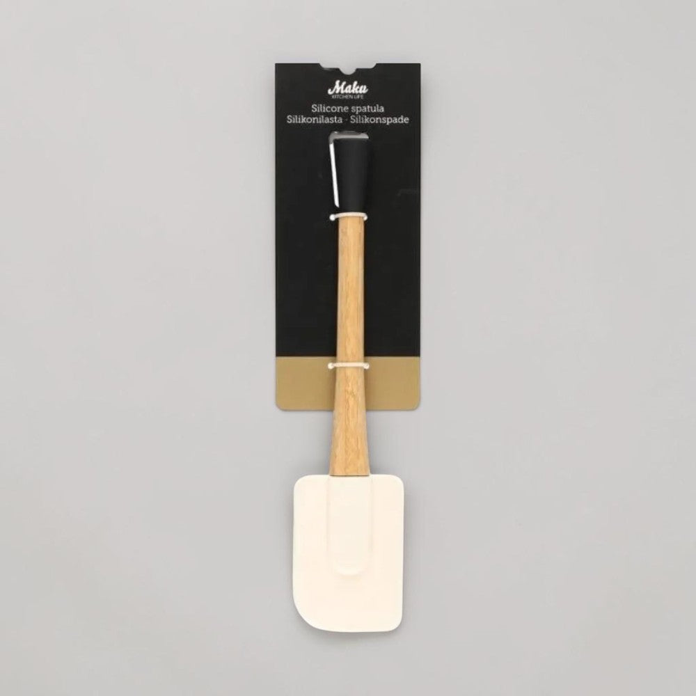 aelgmark silicone spatula with a natural bamboo handle and a cream-colored silicone head, heat resistant up to 220°C.