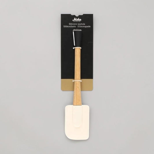 aelgmark silicone spatula with a natural bamboo handle and a cream-colored silicone head, heat resistant up to 220°C.