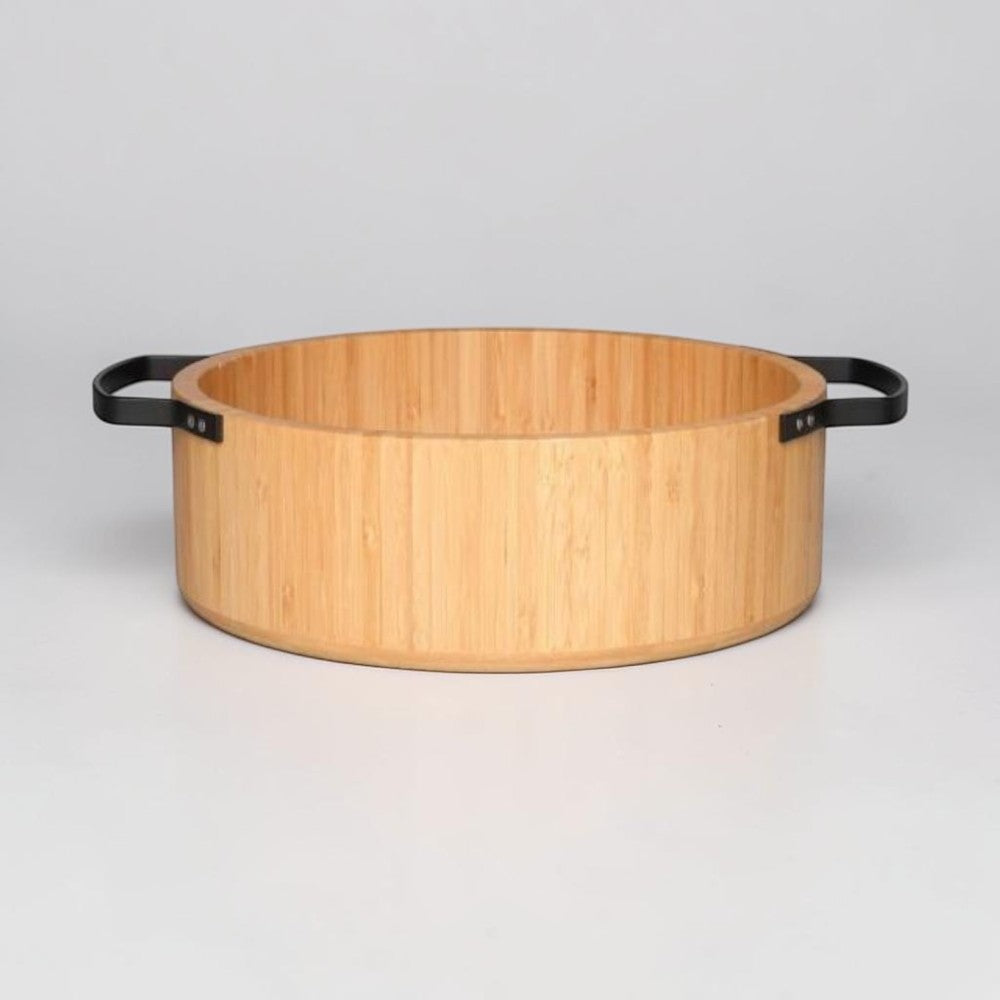aelgmark 竹製沙拉盆 with stainless steel handles, 5.8L capacity, ideal for serving salads or sharing dishes.