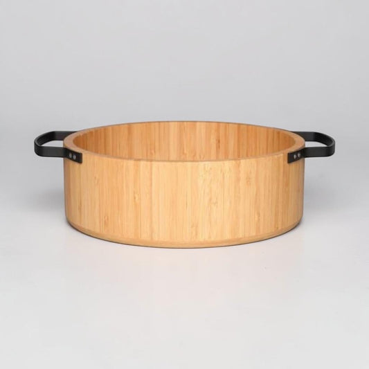 aelgmark 竹製沙拉盆 with stainless steel handles, 5.8L capacity, ideal for serving salads or sharing dishes.