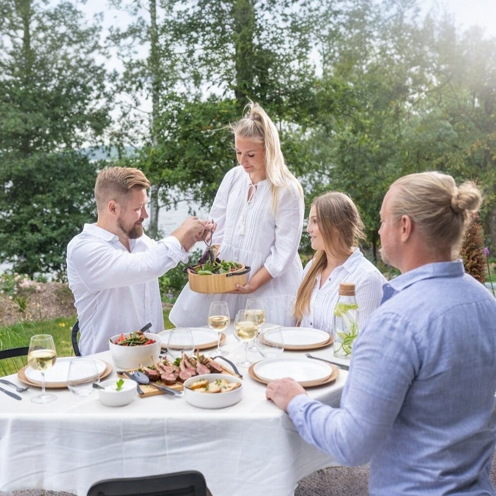 aelgmark bamboo salad bowl with stainless steel handles, 5.8L capacity, perfect for serving salads and shared dishes outdoors.