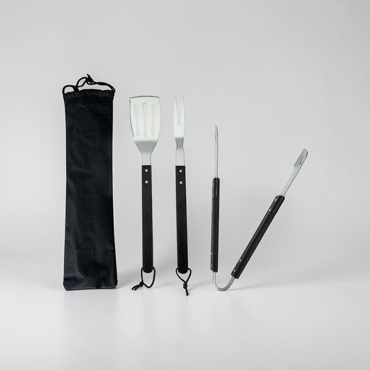 aelgmark BBQ grilling utensil set with tongs, spatula, and fork, featuring black handles and a drawstring storage bag.