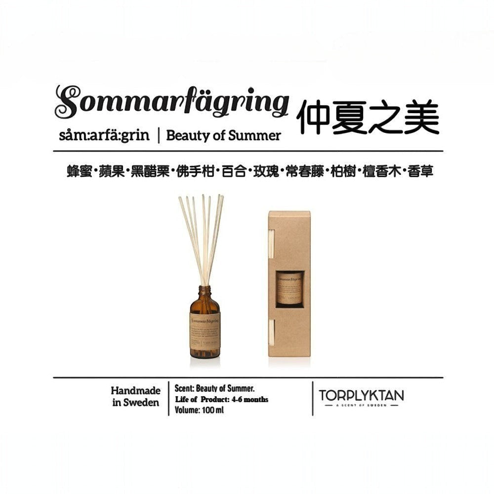 aelgmark Torplyktan Beauty of Summer reed diffuser with amber glass bottle and natural reeds, 100ml.