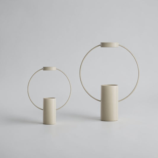 aelgmark beige metal circular vase, modern minimalist design, available in two sizes.