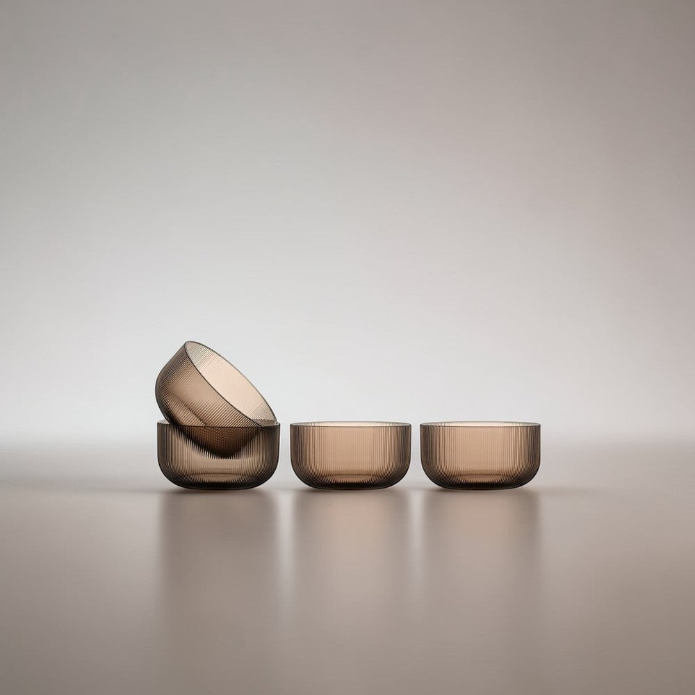 aelgmark Billi set of 4 taupe ribbed plastic bowls. Stackable, versatile for snacks, desserts, or cereal.