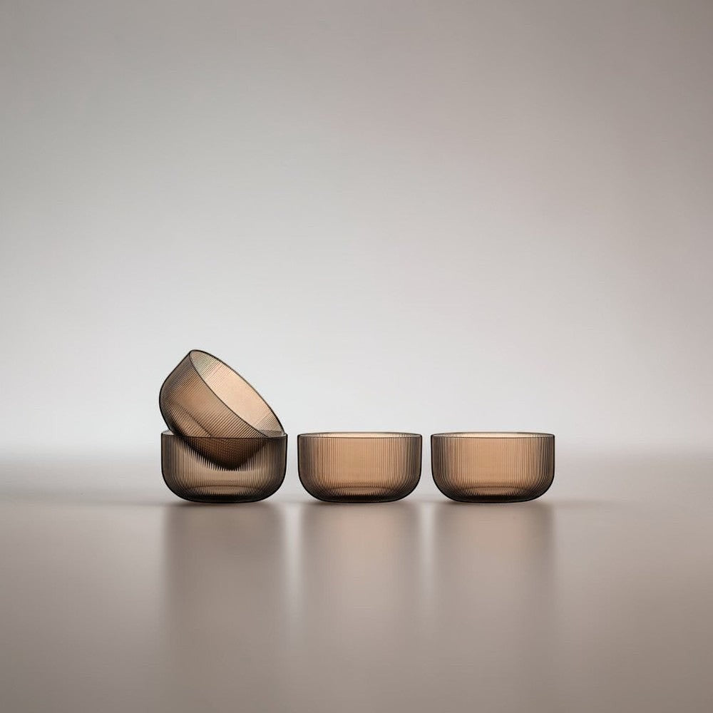 aelgmark Billi set of 4 taupe ribbed plastic bowls. Stackable, versatile for snacks, desserts, or cereal.