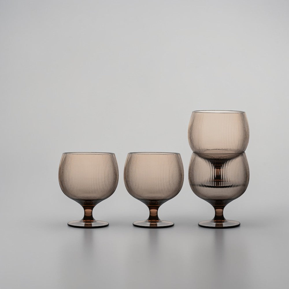 aelgmark Billi set of 4 brown ribbed rPET wine glasses with elegant proportions and stackable design.