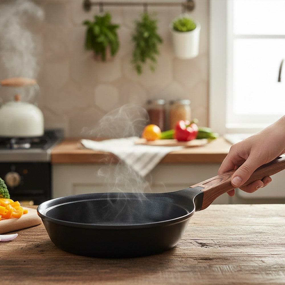 aelgmark black cast aluminum non-stick frying pan with ceramic coating and wooden handle, 5mm thick base.