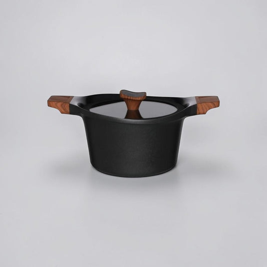 aelgmark black cast aluminum stock pot with glass lid and wood handles, 3L capacity, non-stick ceramic coating.