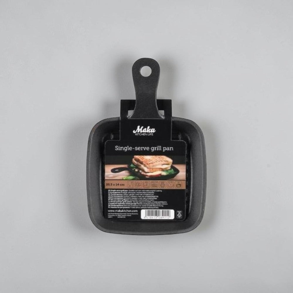 aelgmark black cast iron single-serve grill pan with handle, 10x10 cm cooking surface, ideal for small meals.