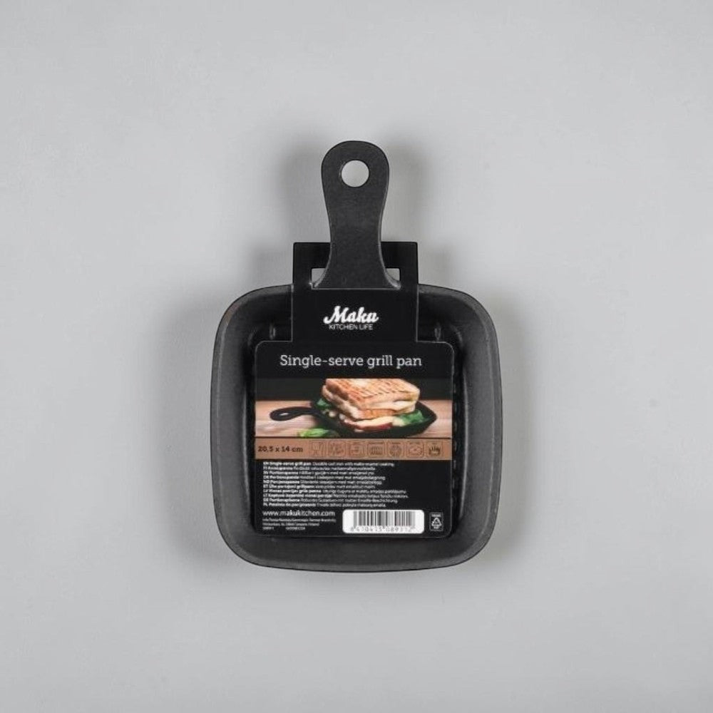 aelgmark black cast iron single-serve grill pan with handle, 10x10 cm cooking surface, ideal for small meals.
