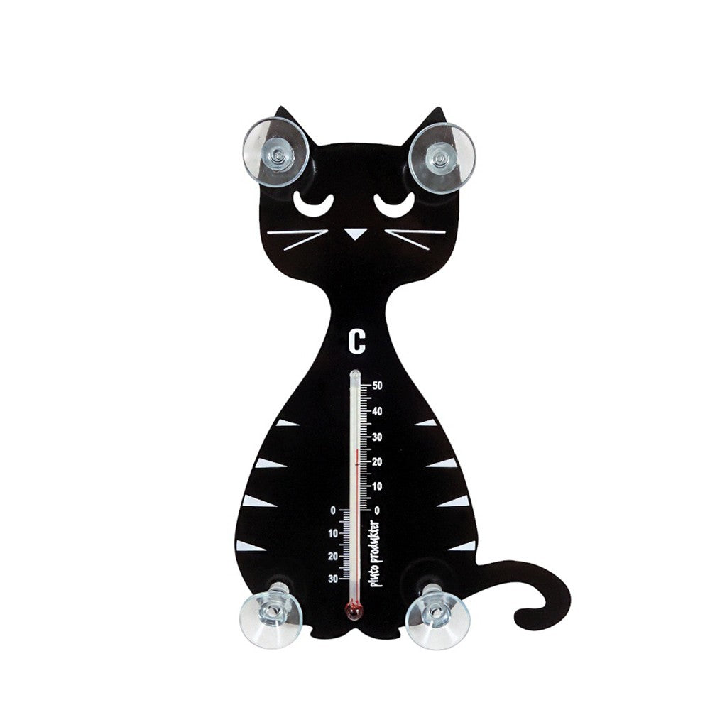 aelgmark black cat thermometer with suction cups for indoor/outdoor use, Celsius scale.