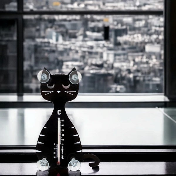 aelgmark black cat thermometer with suction cups for indoor/outdoor use, Celsius scale.