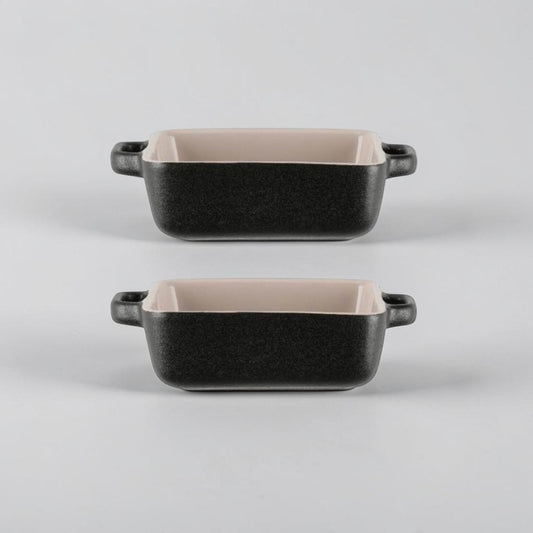 aelgmark black ceramic rectangular baking dishes with handles, set of 2. Ideal for baking, roasting, and serving.