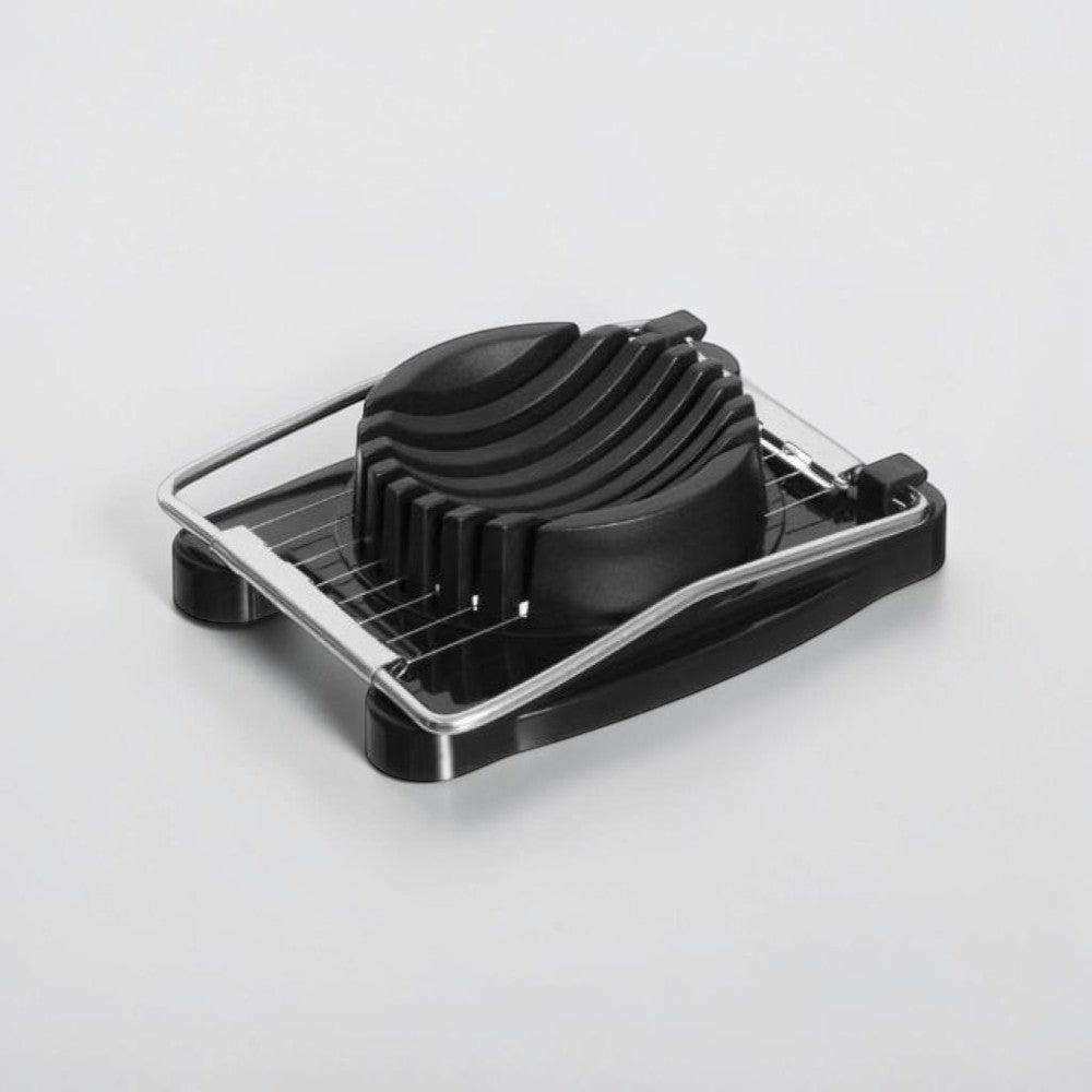 aelgmark black plastic and stainless steel egg slicer for uniform slices in salads and sandwiches.