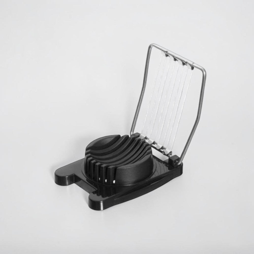 aelgmark black plastic and stainless steel egg slicer for uniform slices in salads and sandwiches.