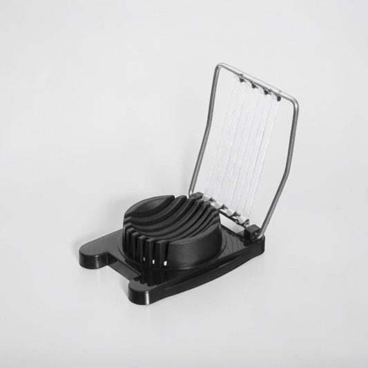 aelgmark black plastic and stainless steel egg slicer for uniform slices in salads and sandwiches.