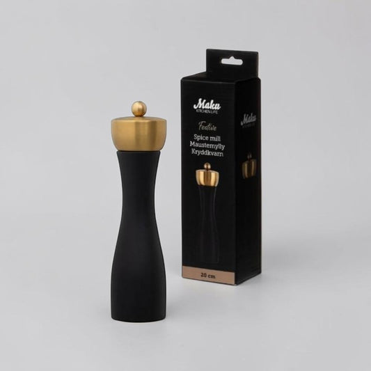 aelgmark北歐生活選物 black spice mill with gold lid and details, perfect for pepper, salt, and herbs.