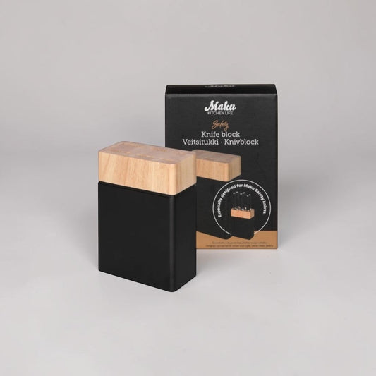 Aelgmark Maku Kitchen Life black knife block with a light wood top, designed to hold six knives.
